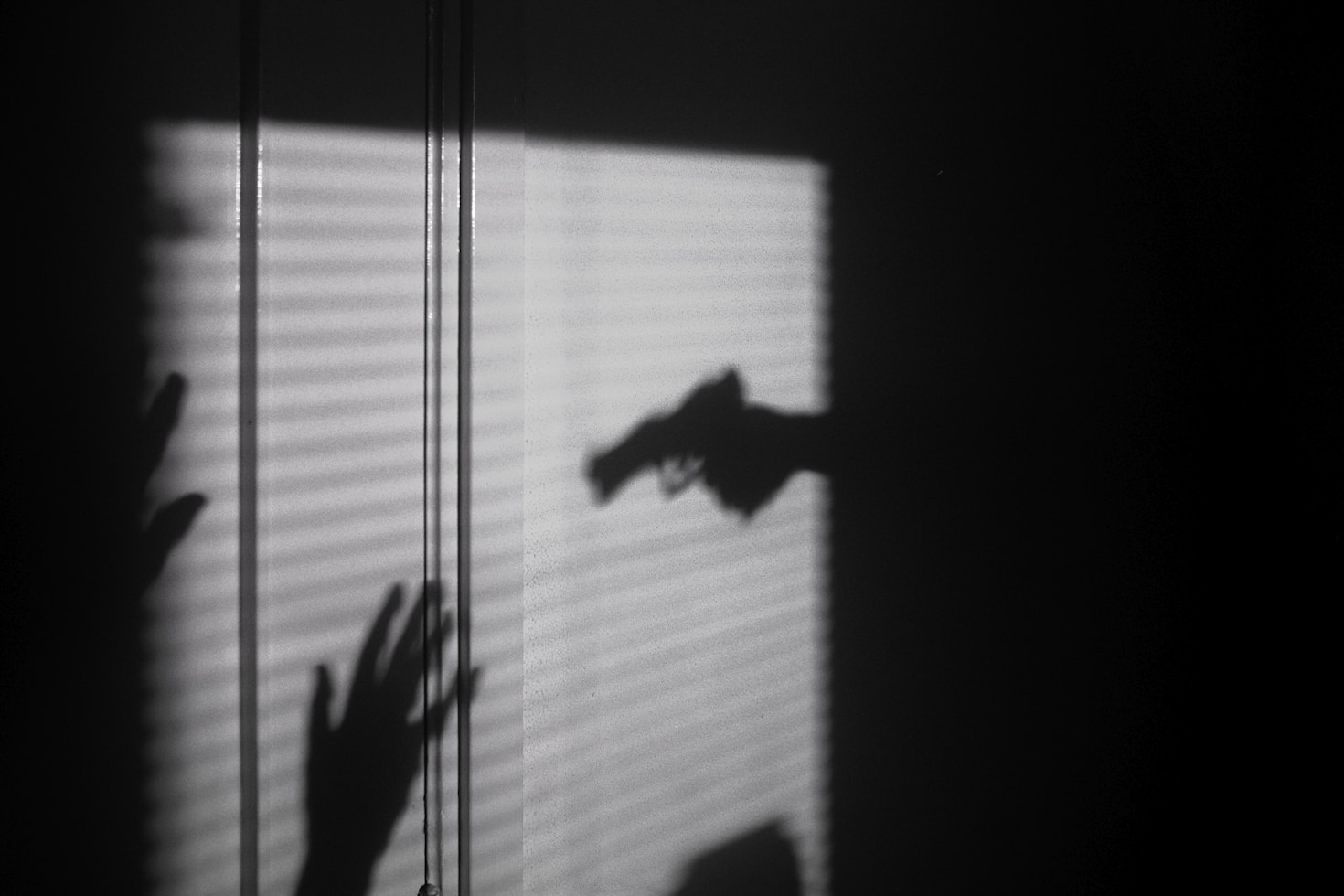 Dramatic shadow of a gun aimed at a raised hand on a wall — visual metaphor for confrontation, fear, and criminal tension in true crime narratives.